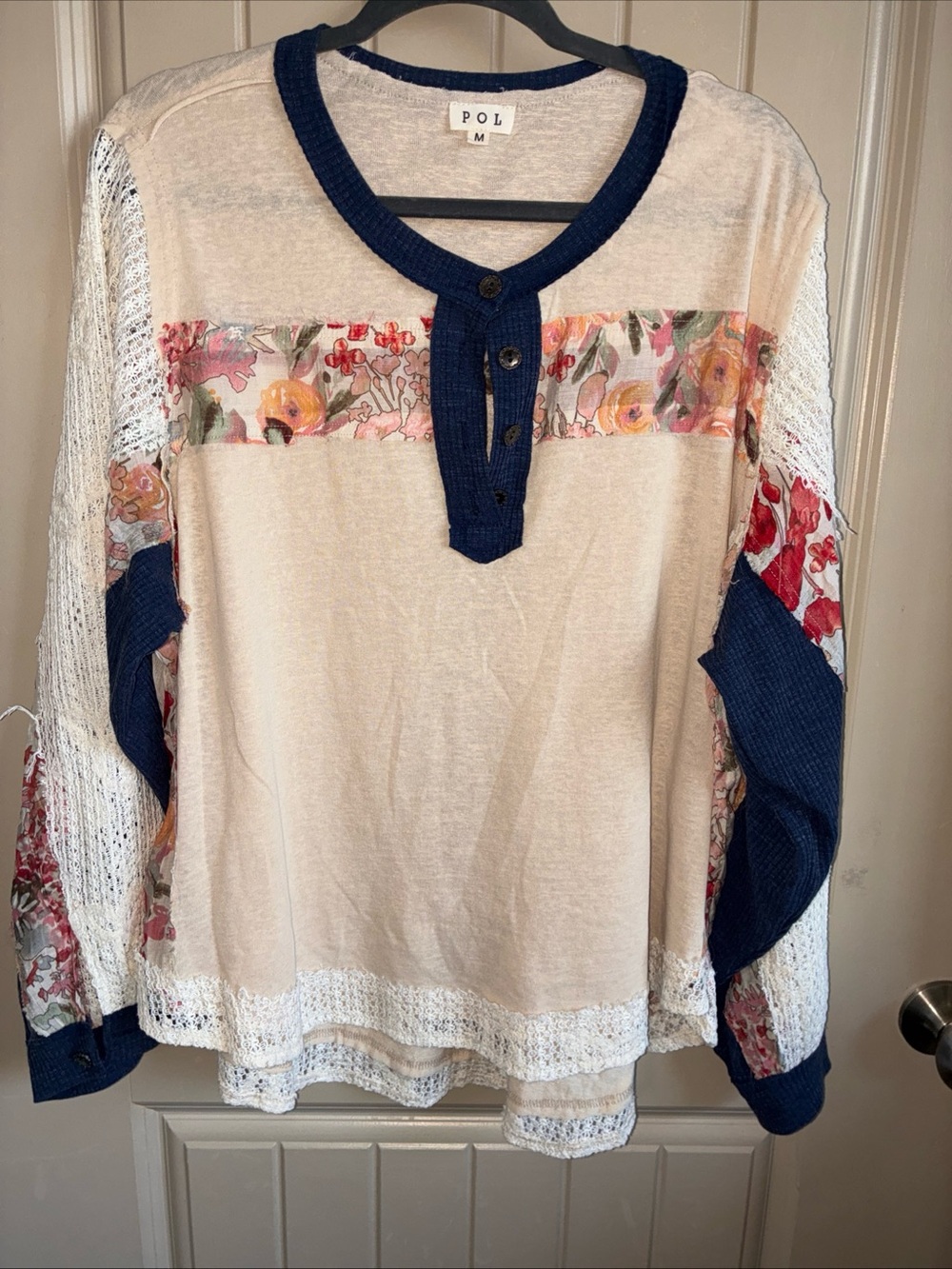 POL Cream & Navy Floral-Trim Long Sleeve Henley Top
